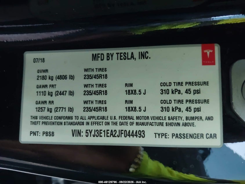 2018 Tesla Model 3 VIN 5YJ3E1EA2JF044493 IAAI salvage auction — SIDE, Salvage (Arizona), sold $6,800 on 2026-10-01 (photo 9)