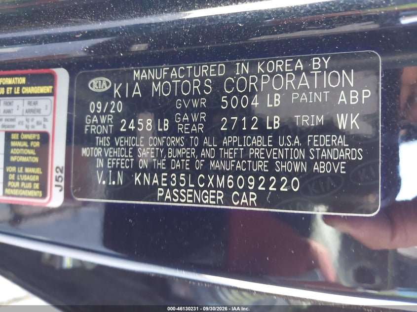 2021 Kia Stinger VIN KNAE35LCXM6092220 IAAI salvage auction — LEFT FRONT, Wait Title, sold $0 on 2026-10-11 (photo 9)