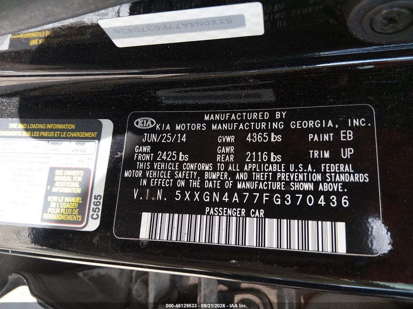 2015 Kia Optima VIN 5XXGN4A77FG370436 IAAI salvage auction — NORMAL WEAR, Clear-Dealer Only (North Carolina), sold $500 on 2026-09-28 (photo 9)