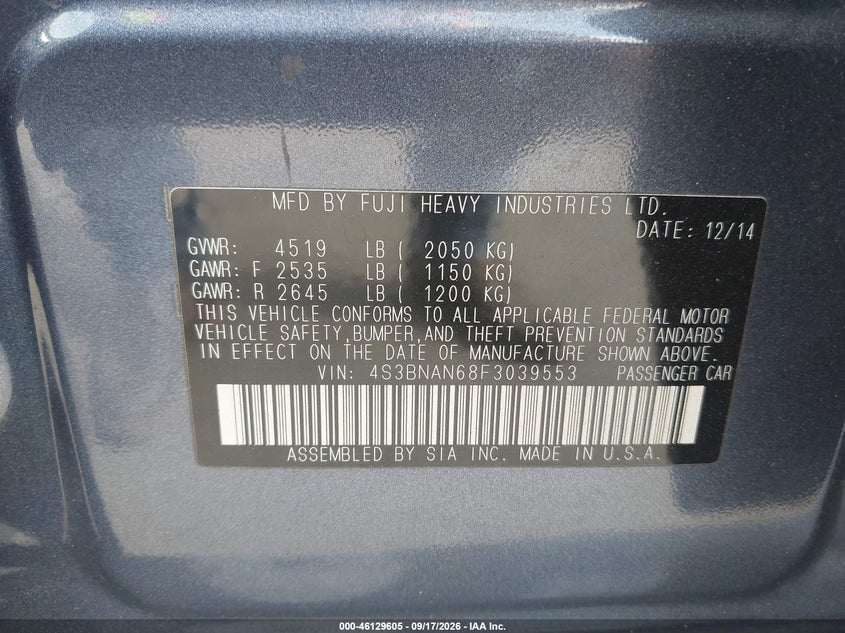 2015 Subaru LEGACY VIN 4S3BNAN68F3039553 IAAI salvage auction — FRONT END, Salvage (California), sold $25 on 2026-09-28 (photo 9)