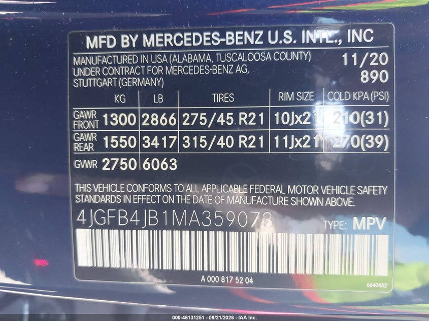2021 Mercedes-benz Gle VIN 4JGFB4JB1MA359073 IAAI salvage auction — FRONT END, Salvage Title, sold $12,300 on 2026-10-03 (photo 9)