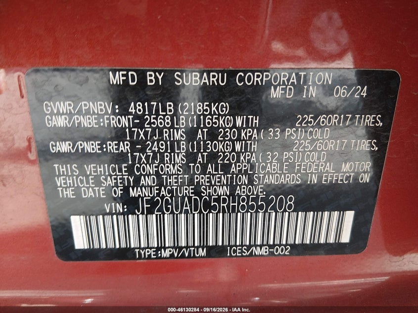 2024 Subaru Xv VIN JF2GUADC5RH855208 IAAI salvage auction — FRONT END, Wait Title, sold $6,450 on 2026-10-08 (photo 9)