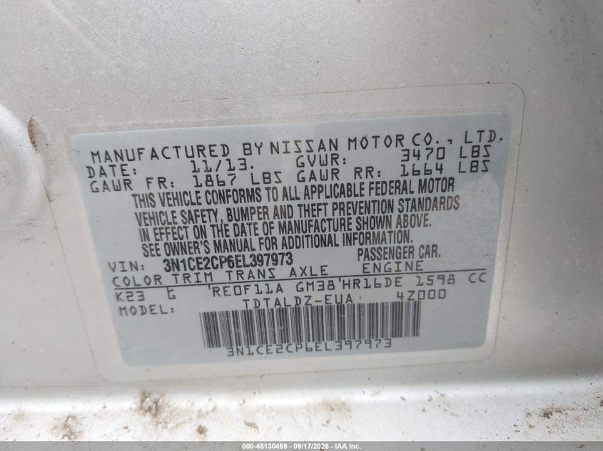 2014 Nissan Versa note VIN 3N1CE2CP6EL397973 IAAI salvage auction — RIGHT SIDE, Clear (Hawaii), sold $1,100 on 2026-09-25 (photo 9)