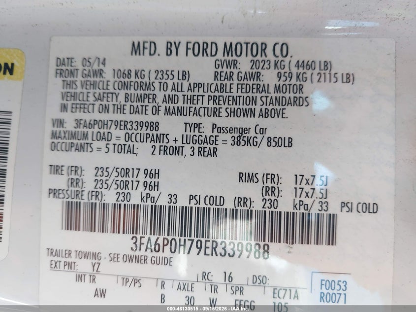 2014 Ford Fusion VIN 3FA6P0H79ER339988 IAAI salvage auction — FRONT END, Salvage Title, sold $25 on 2026-10-07 (photo 9)