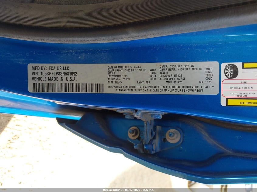 2025 Ram 1500 VIN 1C6SRFLP8SN581092 IAAI salvage auction — REAR END, Wait Title, sold $33,250 on 2026-09-27 (photo 9)