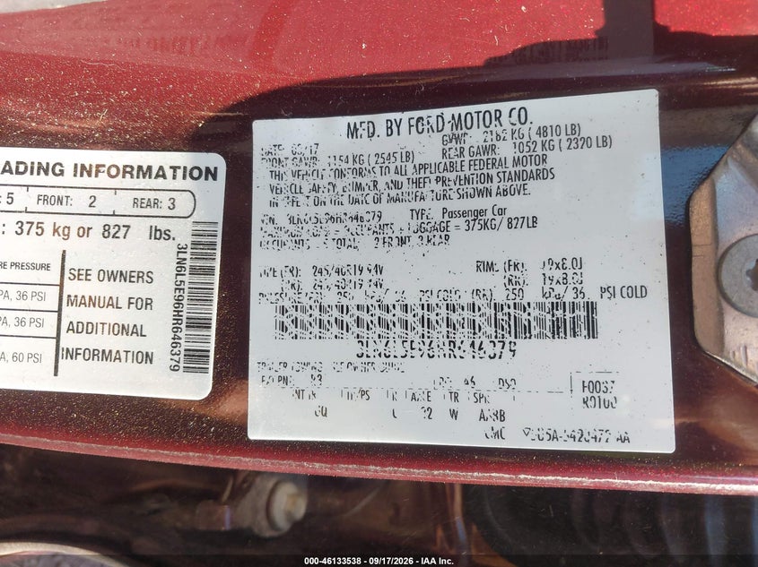 2017 Lincoln Mkz VIN 3LN6L5E96HR646379 IAAI salvage auction — NORMAL WEAR, Clear (Alabama), sold $1,250 on 2026-10-14 (photo 9)