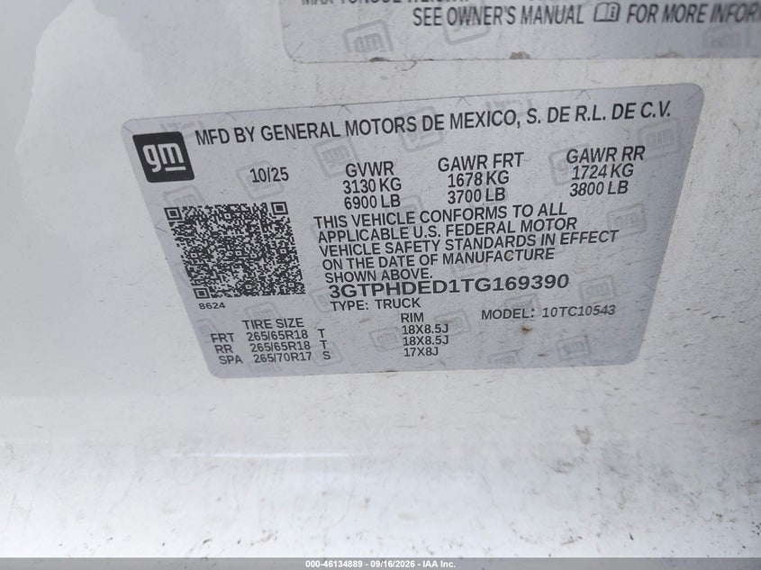 2026 Gmc VIN 3GTPHDED1TG169390 IAAI salvage auction — REAR END, Wait Title, sold $31,450 on 2026-09-24 (photo 9)