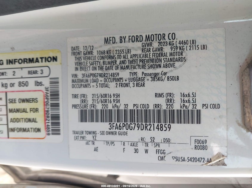 2013 Ford Fusion VIN 3FA6P0G79DR214859 IAAI salvage auction — FRONT END, Original (Texas), sold $0 on 2026-09-27 (photo 9)
