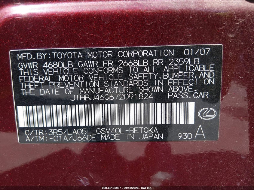 2007 Lexus Es 350 VIN JTHBJ46G672091824 IAAI salvage auction — RIGHT FRONT, Salvage (Texas), sold $3,150 on 2026-10-05 (photo 9)