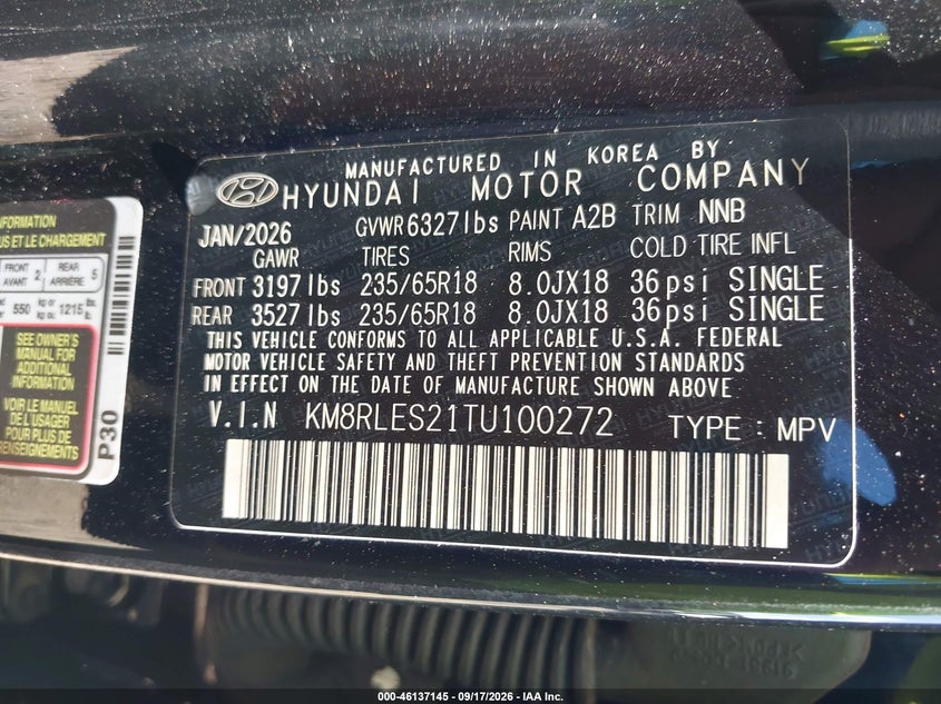 2026 Hyundai Palisade VIN KM8RLES21TU100272 IAAI salvage auction — FRONT END, Enterprise Vehicles Clear Only (Florida), sold $22,350 on 2026-09-23 (photo 9)