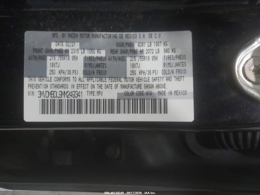 2021 Mazda Cx-30 VIN 3MVDMBDL9MM249341 IAAI salvage auction — RIGHT FRONT, Wait Title, sold $5,600 on 2026-10-01 (photo 9)
