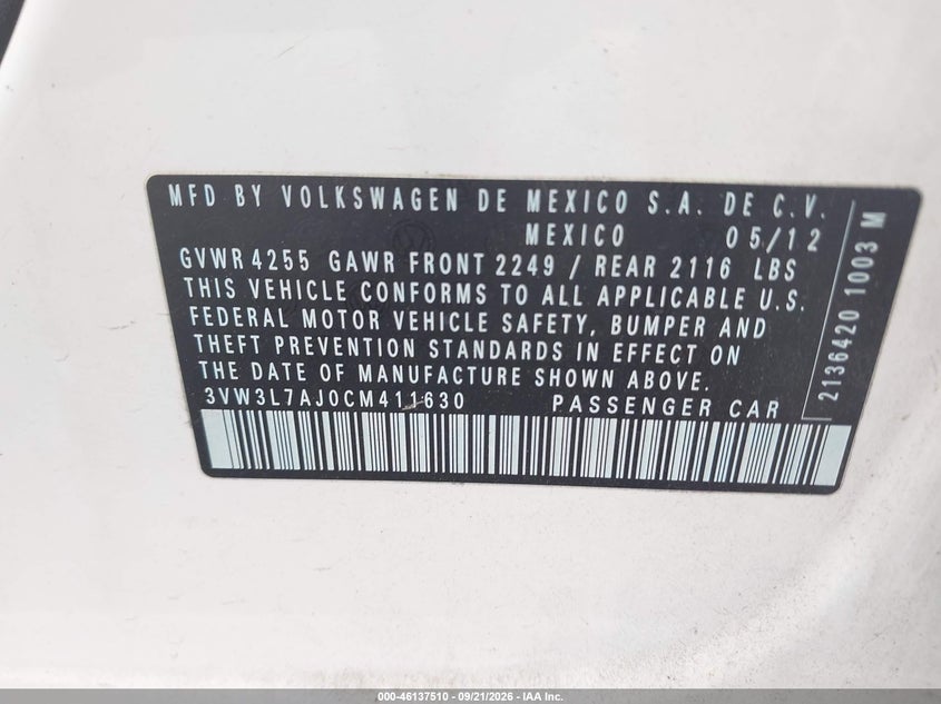 2012 Volkswagen Jetta VIN 3VW3L7AJ0CM411630 IAAI salvage auction — NORMAL WEAR, Wait Title, sold $1,125 on 2026-10-02 (photo 9)