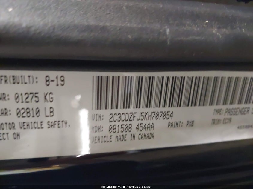 2019 Dodge Challenger VIN 2C3CDZFJ5KH707054 IAAI salvage auction — FRONT END, Salvage (Virginia), sold $13,100 on 2026-10-09 (photo 9)