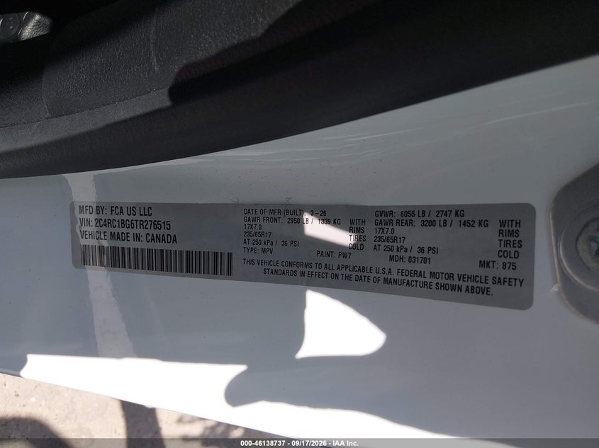 2026 Chrysler Pacifica VIN 2C4RC1BG6TR276515 IAAI salvage auction — REAR END, Salvage Title, sold $17,500 on 2026-10-04 (photo 9)