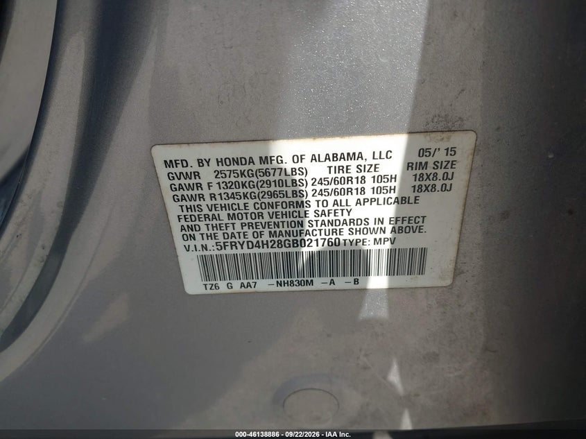 2016 Acura Mdx VIN 5FRYD4H28GB021760 IAAI salvage auction — ENGINE DAMAGE, Salvage (Louisiana), sold $1,050 on 2026-09-27 (photo 9)