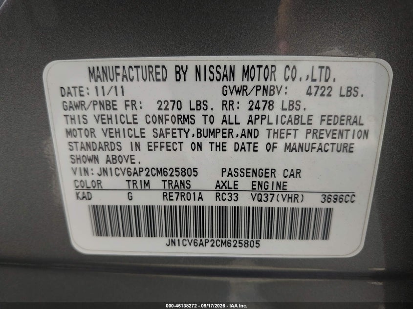 2012 Infiniti G37 VIN JN1CV6AP2CM625805 IAAI salvage auction — NORMAL WEAR, Salvage Title - Dealer (California), sold $1,100 on 2026-10-05 (photo 9)