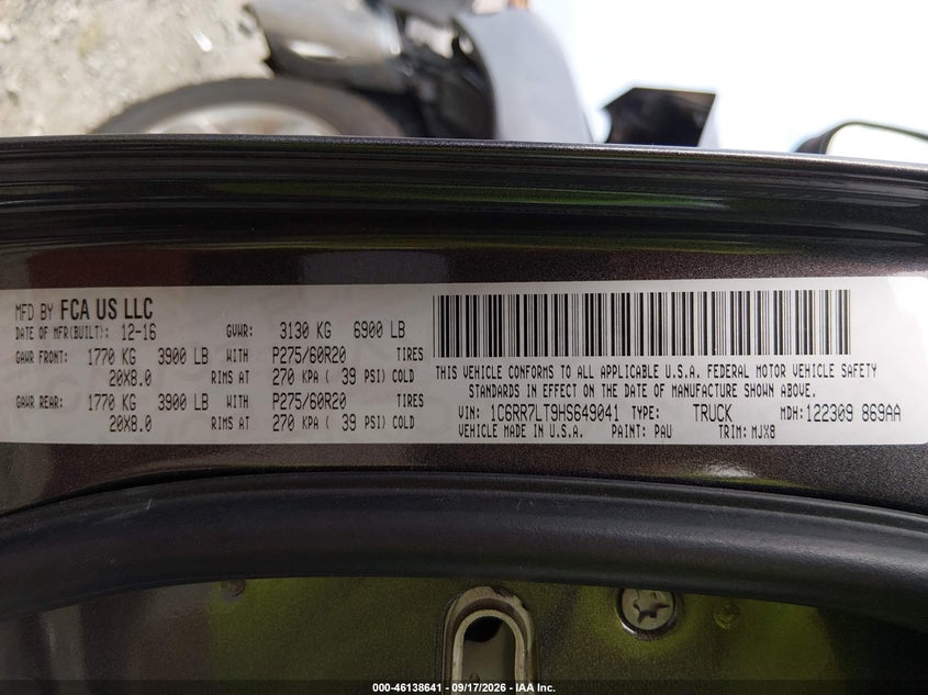 2017 Ram 1500 VIN 1C6RR7LT9HS649041 IAAI salvage auction — FRONT END, Salvage (Pennsylvania), sold $1,950 on 2026-10-01 (photo 9)