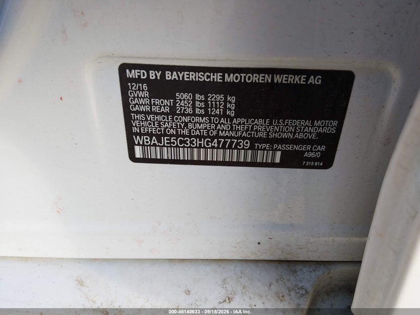 2017 BMW 5er VIN WBAJE5C33HG477739 IAAI salvage auction — FRONT END, Wait Title, sold $10,500 on 2026-10-16 (photo 9)