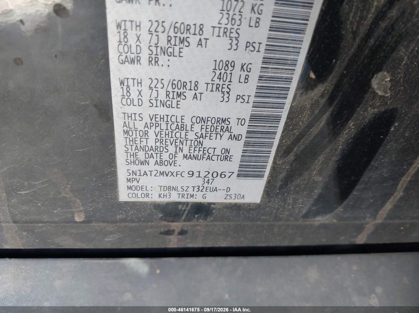 2015 Nissan Rogue VIN 5N1AT2MVXFC912067 IAAI salvage auction — FRONT END, Clear (Oklahoma), sold $800 on 2026-10-21 (photo 9)