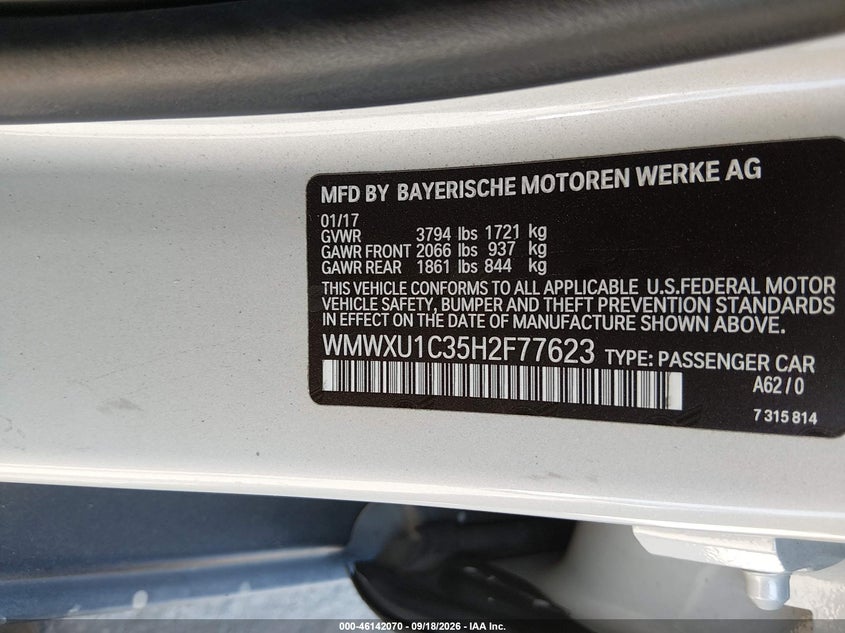 2017 Mini Hardtop VIN WMWXU1C35H2F77623 IAAI salvage auction — REAR END, Salvage Title, sold $1,600 on 2026-10-21 (photo 9)