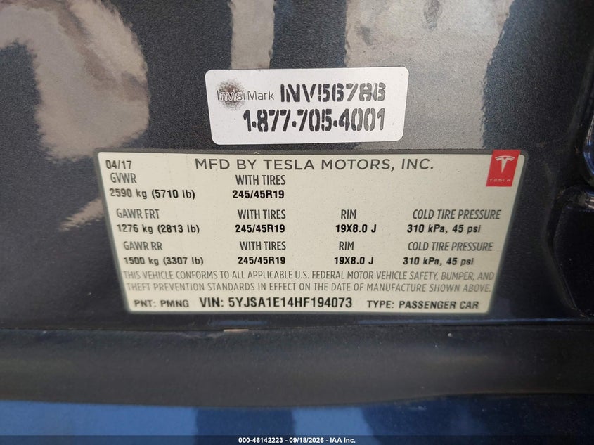2017 Tesla Model s VIN 5YJSA1E14HF194073 IAAI salvage auction — NORMAL WEAR, Salvage Title, sold $5,150 on 2026-10-11 (photo 9)