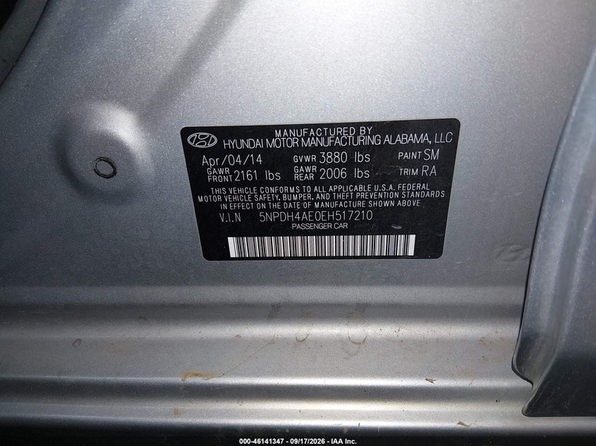 2014 Hyundai Elantra VIN 5NPDH4AE0EH517210 IAAI salvage auction — FRONT END, Salvage (Arizona), sold $25 on 2026-10-04 (photo 9)
