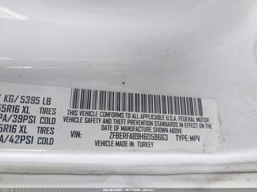 2017 Ram Promaster city VIN ZFBERFAB9H6D58663 IAAI salvage auction — FRONT END, Salvage (California), sold $725 on 2026-09-29 (photo 9)