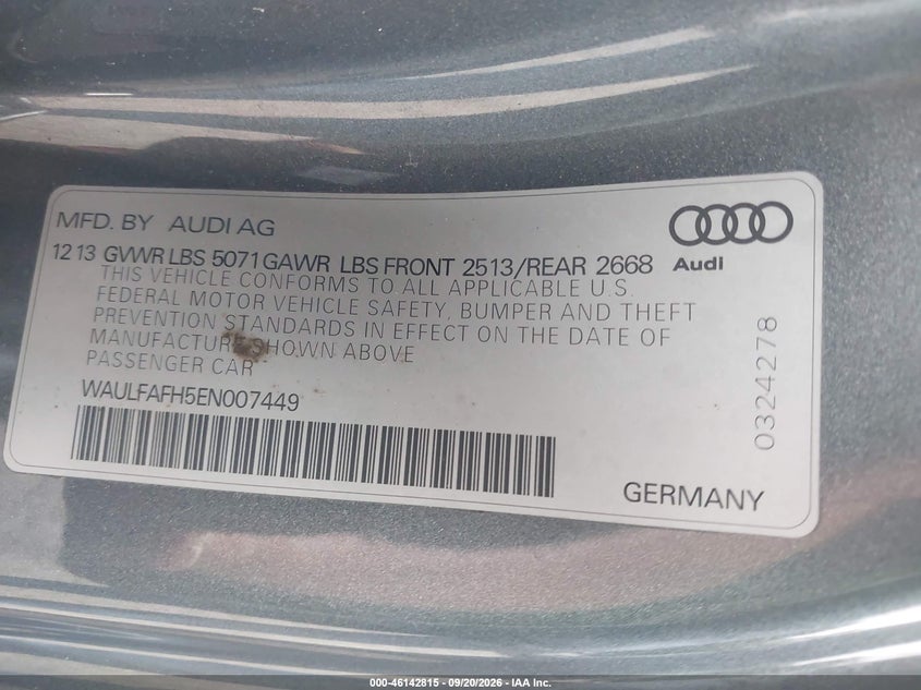 2014 Audi A5 VIN WAULFAFH5EN007449 IAAI salvage auction — NORMAL WEAR, Salvage Title, sold $850 on 2026-09-27 (photo 9)