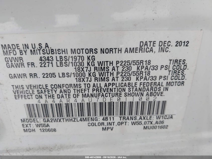 2013 Mitsubishi VIN 4A4AR4AU7DE011002 IAAI salvage auction — NORMAL WEAR, Clear (New York), sold $125 on 2026-09-27 (photo 9)