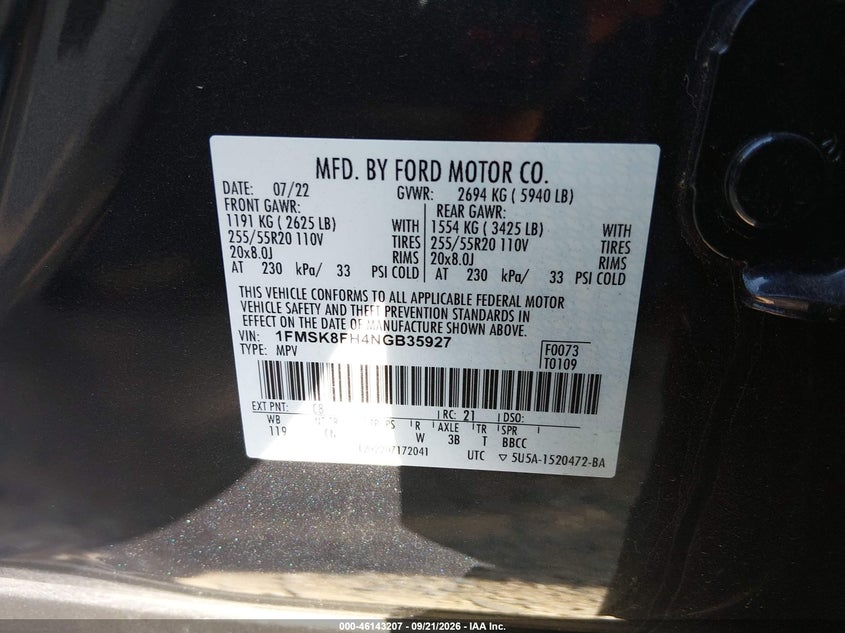 2022 Ford Explorer VIN 1FMSK8FH4NGB35927 IAAI salvage auction — FRONT END, Salvage (North Carolina), sold $12,350 on 2026-10-05 (photo 9)