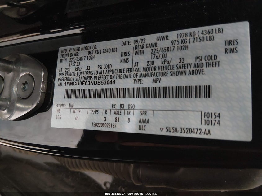 2022 Ford Escape VIN 1FMCU0F63NUB53044 IAAI salvage auction — NORMAL WEAR, SF97 (Oklahoma), sold $10,100 on 2026-10-07 (photo 9)