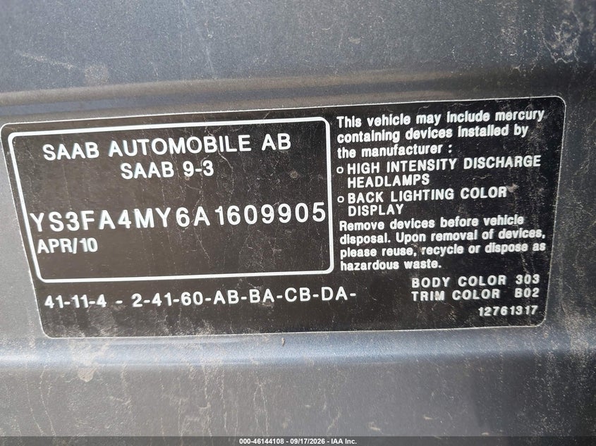 2010 Saab 9-3 VIN YS3FA4MY6A1609905 IAAI salvage auction — NORMAL WEAR, Original (Maine), sold $325 on 2026-09-28 (photo 9)