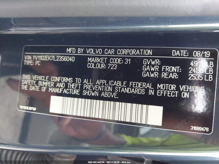 2020 Volvo V60 VIN YV1102EK7L2356040 IAAI salvage auction — FRONT END, Salvage - Greater Than 75% (Maryland), sold $2,200 on 2026-10-03 (photo 9)