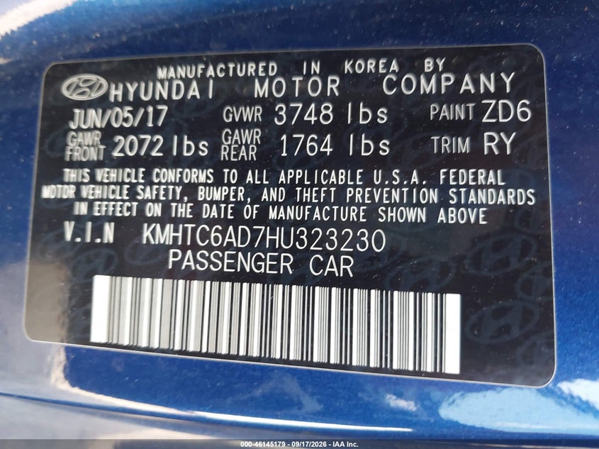 2017 Hyundai Veloster VIN KMHTC6AD7HU323230 IAAI salvage auction — NORMAL WEAR, Original (Texas), sold $1,000 on 2026-09-28 (photo 9)