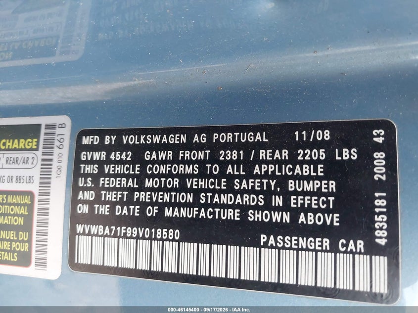 2009 Volkswagen Eos VIN WVWBA71F99V018580 IAAI salvage auction — NORMAL WEAR, Clear (Indiana), sold $375 on 2026-09-25 (photo 9)