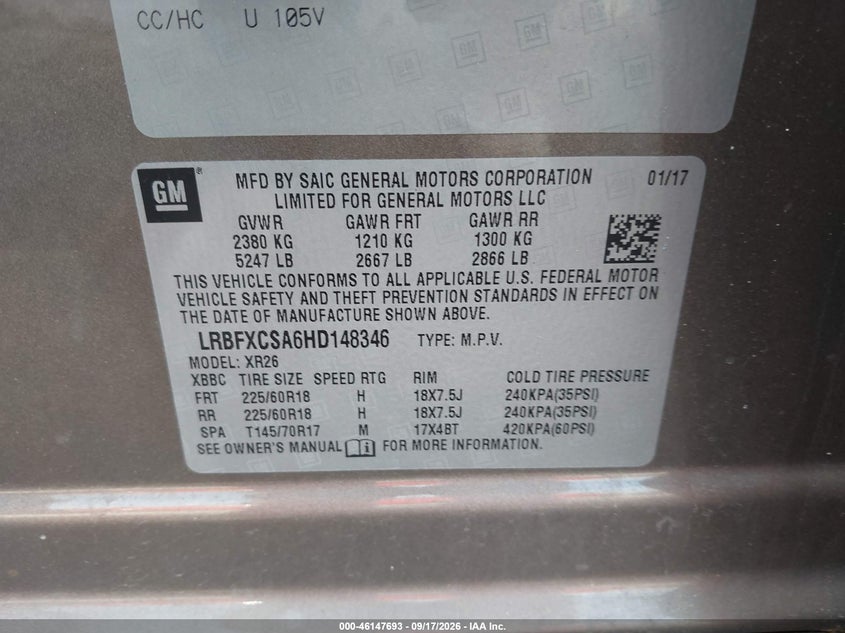 2017 Buick Envision VIN LRBFXCSA6HD148346 IAAI salvage auction — Front End, Salvage, sold $1,950 on 2026-10-19 (photo 9)