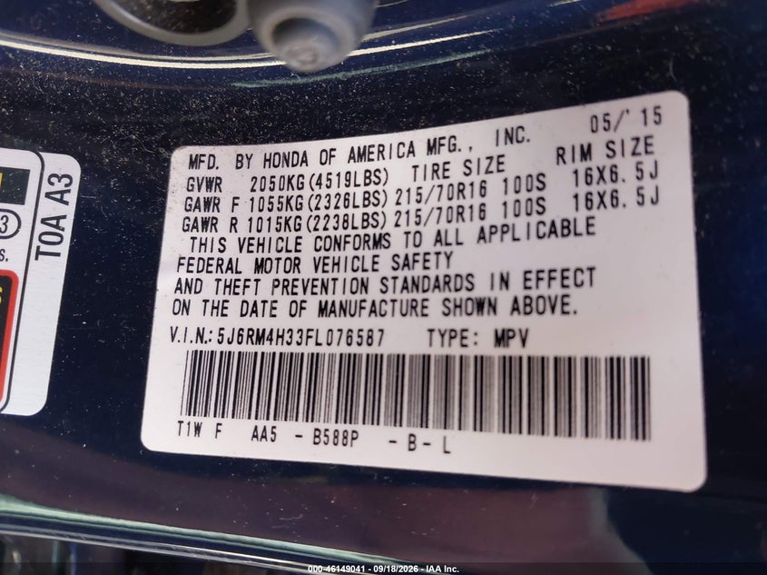 2015 Honda Cr-v VIN 5J6RM4H33FL076587 IAAI salvage auction — LEFT REAR, Salvage (Connecticut), sold $4,050 on 2026-10-06 (photo 9)