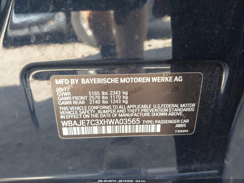 2017 BMW 5er VIN WBAJE7C3XHWA03565 IAAI salvage auction — FRONT END, Wait Title, sold $7,200 on 2026-10-13 (photo 9)