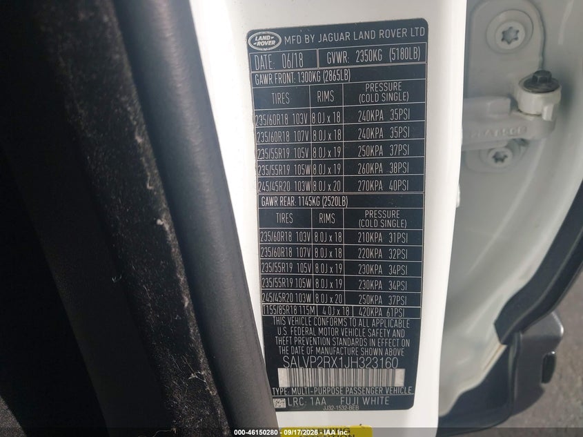 2018 Land rover Range rover evoque VIN SALVP2RX1JH323160 IAAI salvage auction — RIGHT REAR, Clear (Indiana), sold $6,500 on 2026-10-02 (photo 9)