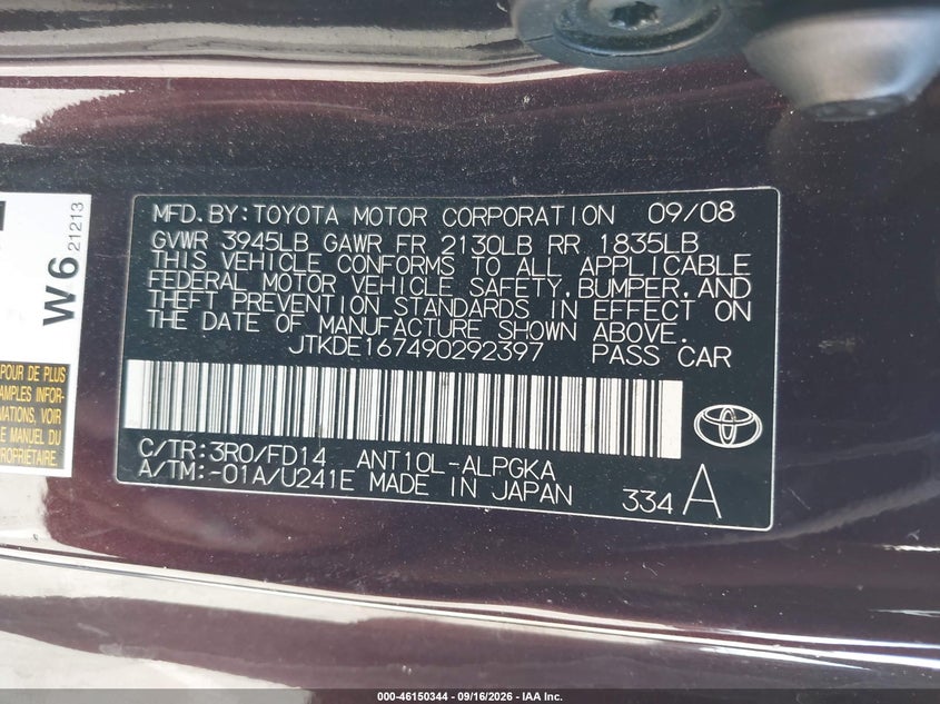 2009 Scion Tc VIN JTKDE167490292397 IAAI salvage auction — NORMAL WEAR, Salvage (California), sold $600 on 2026-10-21 (photo 9)