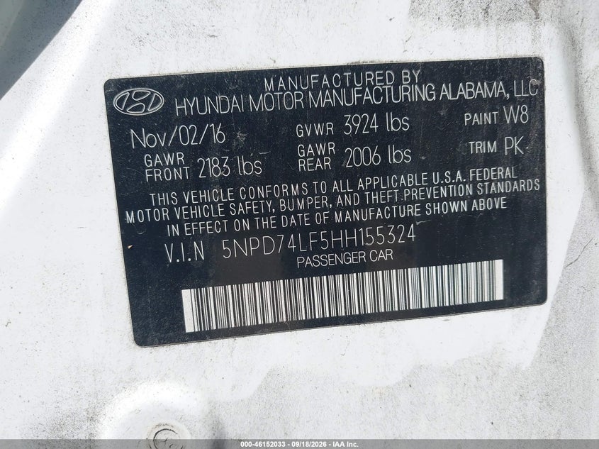 2017 Hyundai Elantra VIN 5NPD74LF5HH155324 IAAI salvage auction — Normal Wear & Tear, Clear, sold $2,075 on 2026-10-15 (photo 9)