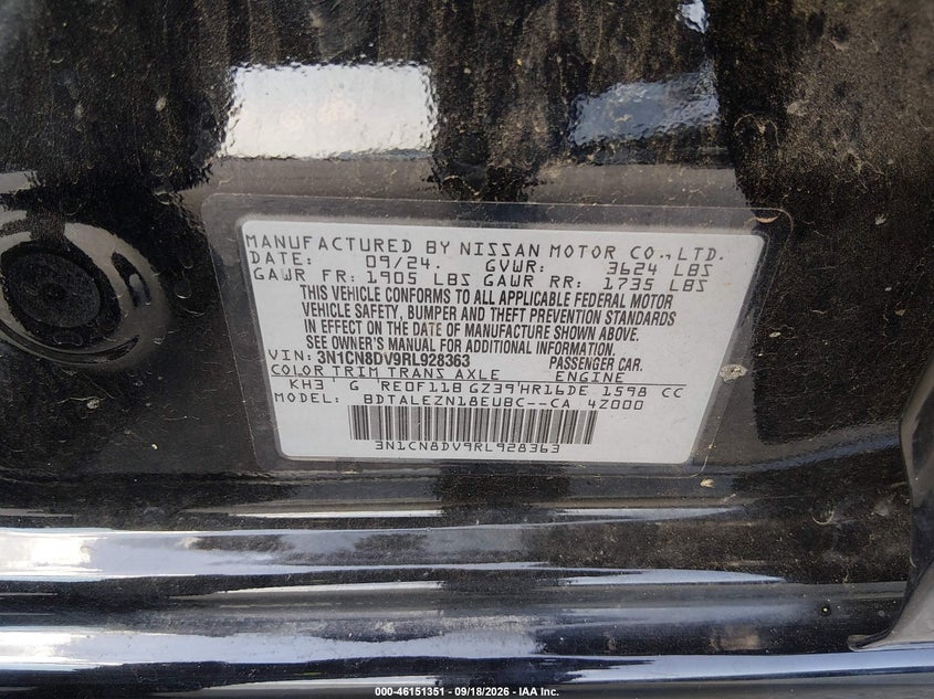 2024 Nissan Versa VIN 3N1CN8DV9RL928363 IAAI salvage auction — NORMAL WEAR, Enterprise Vehicles Clear Only (Texas), sold $12,050 on 2026-09-28 (photo 9)