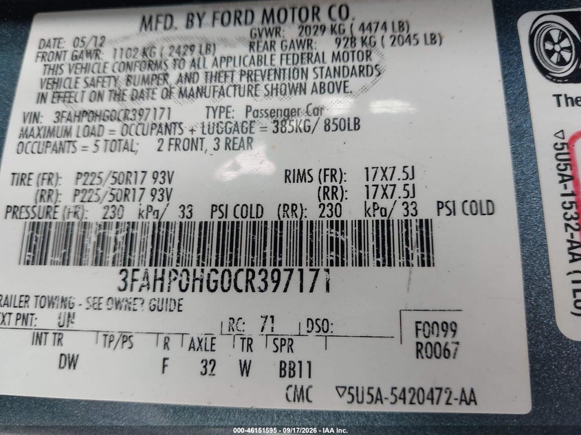 2012 Ford Fusion VIN 3FAHP0HG0CR397171 IAAI salvage auction — FRONT END, Wait Title, sold $325 on 2026-09-29 (photo 9)
