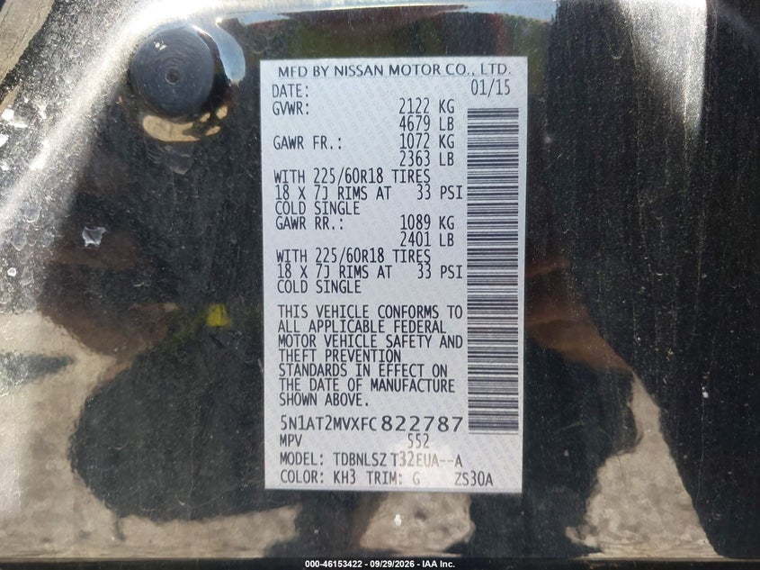 2015 Nissan Rogue VIN 5N1AT2MVXFC822787 IAAI salvage auction — FRONT END, Wait Title, sold $400 on 2026-10-23 (photo 9)