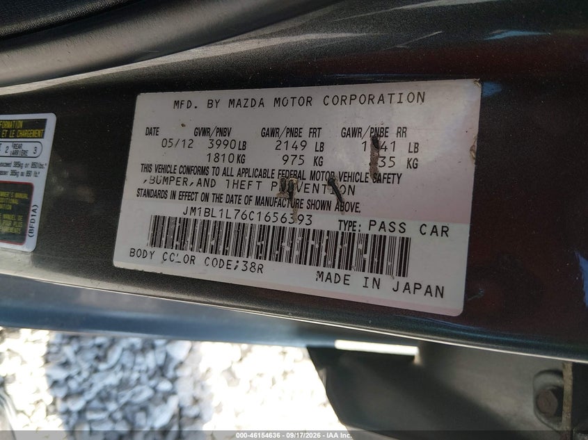 2012 Mazda 3 VIN JM1BL1L76C1656393 IAAI salvage auction — NORMAL WEAR, Clear (Alabama), sold $350 on 2026-10-12 (photo 9)