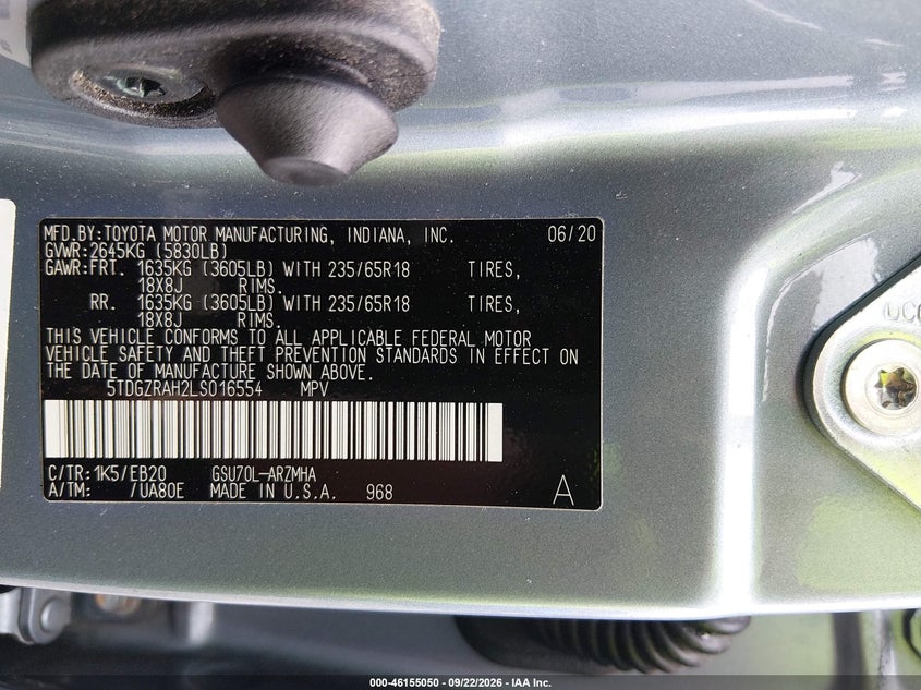 2020 Toyota Highlander VIN 5TDGZRAH2LS016554 IAAI salvage auction — REAR END, Salvage Title, sold $15,500 on 2026-10-16 (photo 9)
