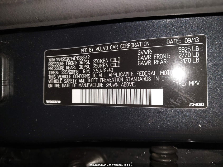 2014 Volvo Xc90 VIN YV4952CY4E1688542 IAAI salvage auction — FRONT END, Salvage (North Carolina), sold $950 on 2026-10-09 (photo 9)