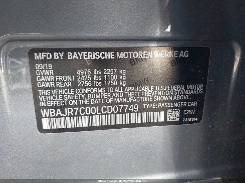 2020 BMW 5er VIN WBAJR7C00LCD07749 IAAI salvage auction — FRONT END, Salvage (Arizona), sold $9,100 on 2026-10-06 (photo 9)
