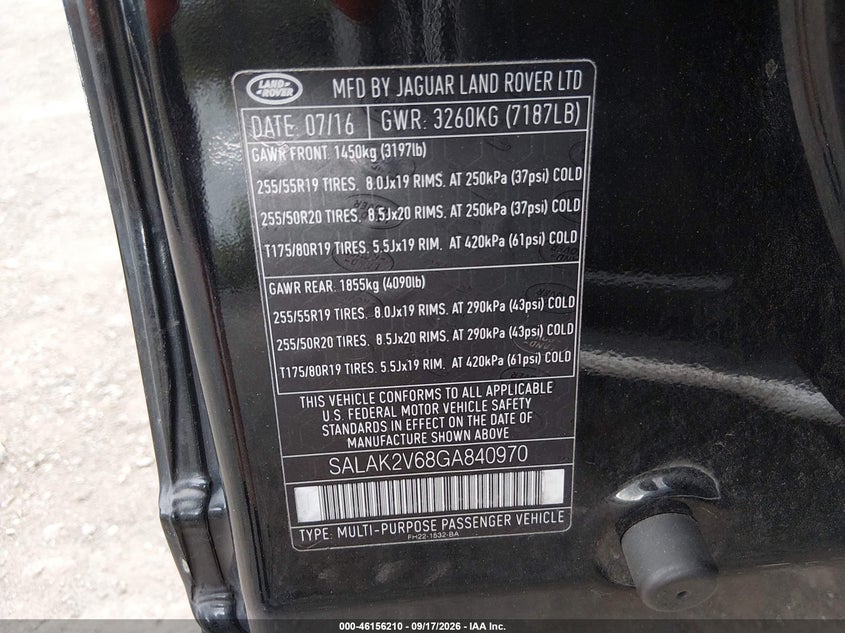 2016 Land rover Lr4 VIN SALAK2V68GA840970 IAAI salvage auction — NORMAL WEAR, Clear (Pennsylvania), sold $2,100 on 2026-10-16 (photo 9)