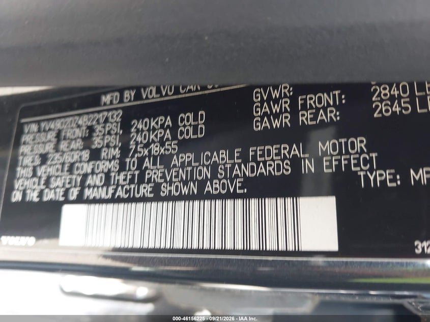 2011 Volvo XC60 VIN YV4902DZ4B2217132 IAAI salvage auction — FRONT END, Clear (Massachusetts), sold $450 on 2026-09-25 (photo 9)